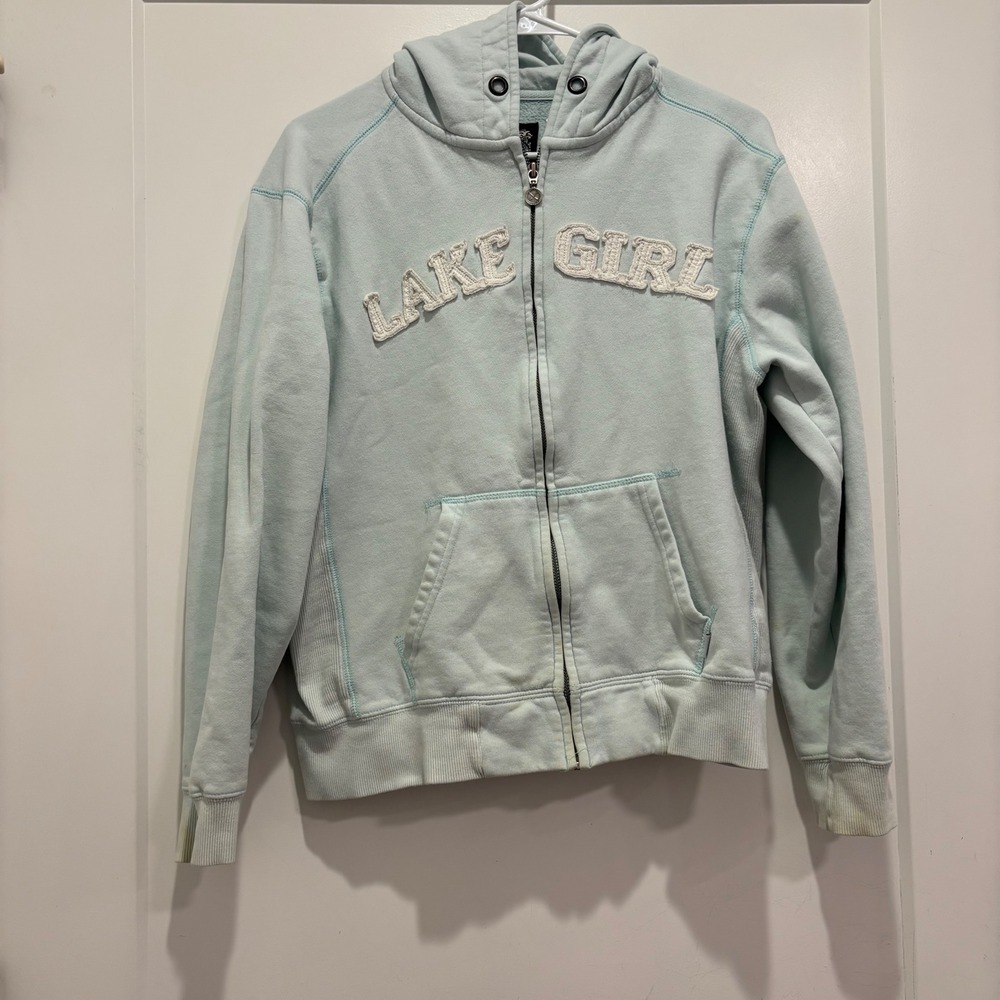 Lake Girl Authentic Lake Gear Full Zip Hoodie Aqua Blue Chenille Logo Medium